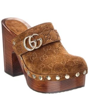 Gucci Gg Logo Suede Mule - Brown