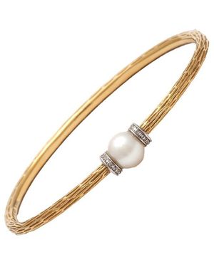 Pearls Silver & Stainless Steel 0.06 Ct. Tw. Diamond & 6-7mm Pearl Bangle Bracelet - Metallic