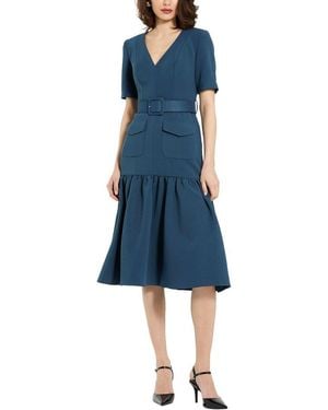 Mac Duggal Belted Crepe Midi Dress With Pockets - Blue