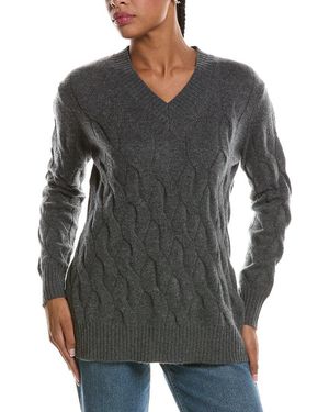 Forte Long Cable V-Neck 100% Cashmere Jumper - Grey