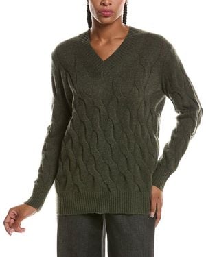 Forte Long Cable V-Neck Cashmere Jumper - Green