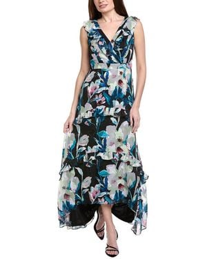 Adrianna Papell Floral Chiffon High-Low Ruffle Gown - Blue
