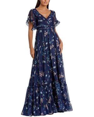 Mac Duggal Flounce Sleeve Floral Maxi Dress - Blue