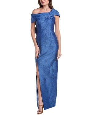 Teri Jon Jacquard Asymmetrical Portrait Bow Shoulder Gown - Blue