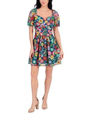Kensie Embroidered Mesh Mini Dress - Blue