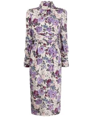Alessandra Rich Floral Silk Midi Dress - Purple