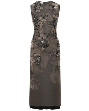 Miu Miu Graphite Grey Organza Floral Appliqué Beaded Sheath Dress