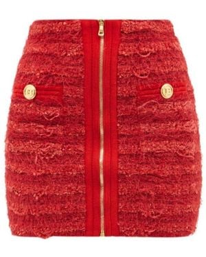 Balmain Red Zipped Tweed Mini Skirt
