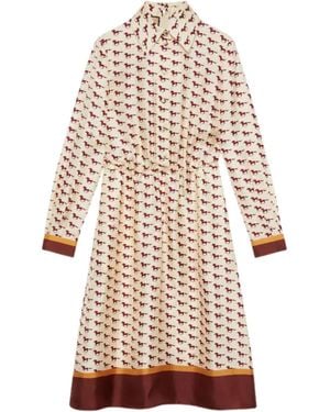 Gucci Diagonal Horses Print Silk Shirt Dress - Natural