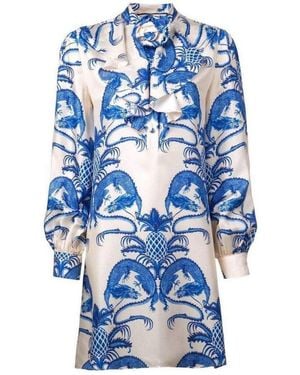 Gucci Silk Dragon Print Twill Ruffle Neck Dress - Blue