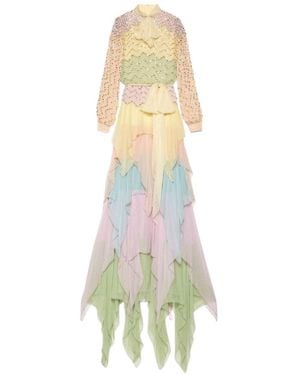 Gucci Ruffled Silk Gown Embellished With Pearls & Rhinestones - White