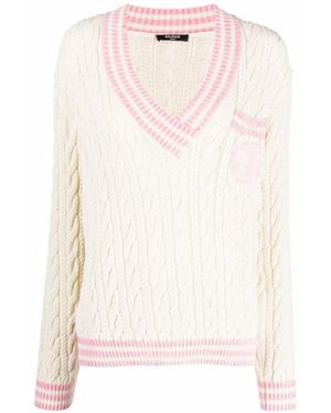Balmain Wool-blend Cable Knit Jumper With Patch - White