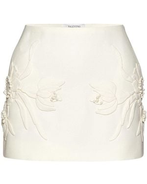 Valentino Floral-embroidered Virgin Wool Silk Mini Skirt - Natural