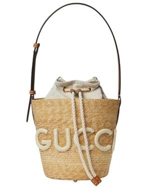 Gucci Straw Shoulder Bag With Patch - White
