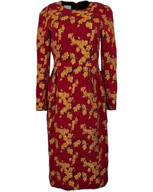 Dries Van Noten Burgundy Gold Floral Jacquard Midi Dress - Red
