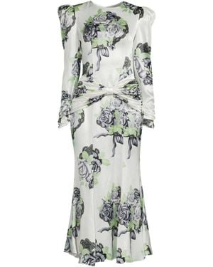 Alessandra Rich Silk Satin Rose Print Midi Dress - Grey