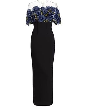 Lela Rose Beaded Floral Illusion Neck Column Gown - Blue