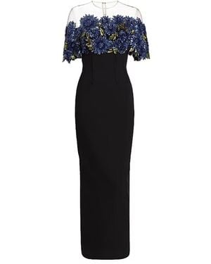 Lela Rose Beaded Floral Illusion Neck Column Gown - Blue