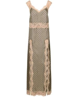 Gucci GG Supreme Lace Trim Silk Maxi Dress - Natural