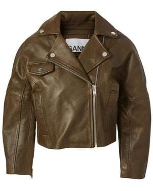Ganni Leather Cropped Biker Jacket - Green