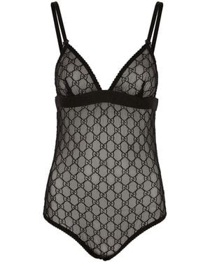 Gucci GG Embroidered Sheer Tulle Bodysuit - Black