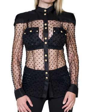 Balmain Long Sleeve Black Polka Dot Silk Shirt