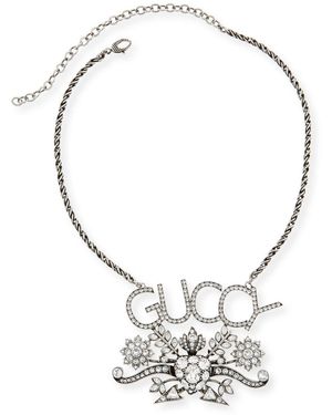 Gucci 'guccy' Crystal Logo Necklace Silver - Metallic