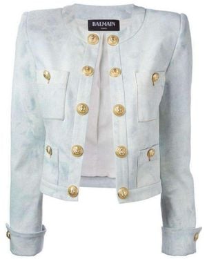 Balmain Cropped Stretch Cotton Denim Blazer - Blue
