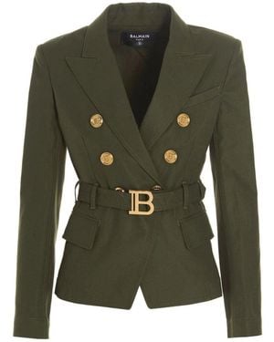 Balmain Belted Double-breasted Blazer Jacket - Green