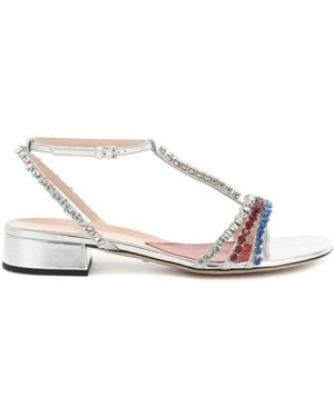 Gucci Bertie Embellished Metallic Leather Sandals - White