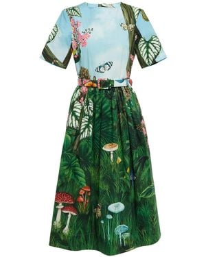 Oscar de la Renta Botanical Forest Print Stretch Poplin Midi Dress - Green