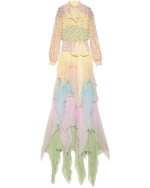 Gucci Ruffled Silk Gown Embellished With Pearls & Rhinestones - White