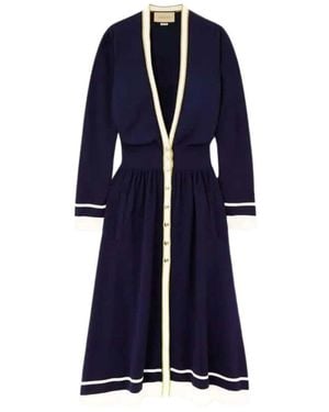 Gucci Button Embellished Striped Wool Midi Dress - Blue