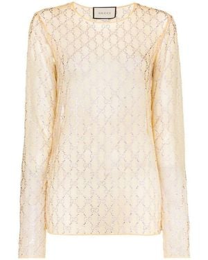 Gucci Crystal Embroidered Sheer Tulle Top - Natural