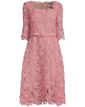 Oscar de la Renta Floral Guipure Lace Belted Dress - Pink