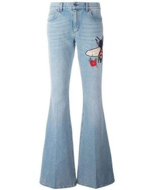 Gucci Fly Embroidered Flared Cotton Jeans Us 28 (4, S) - Blue