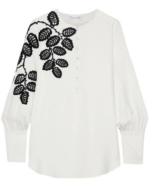 Oscar de la Renta Leaf Embroidered Silk Blouse - White