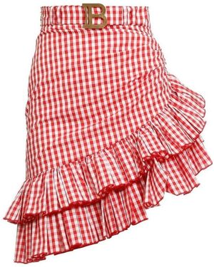 Balmain Belted Ruffled Plaid Mini Skirt - Red