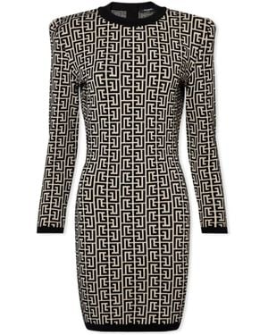 Balmain Monogram Jacquard Wool Blend Minidress - Black