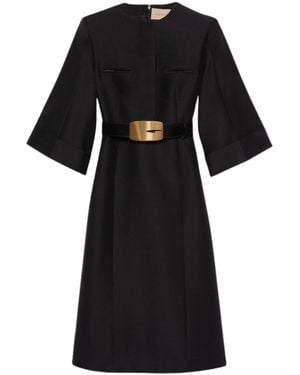 Gucci Soft Wool Silk Midi Dress With Leather G Belt - Black