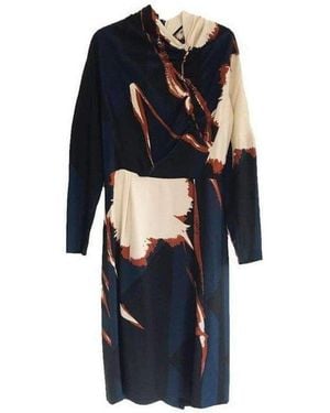 Dries Van Noten Navy Crepe Abstract Print Dress - Blue