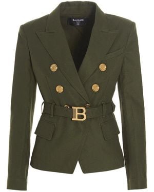 Balmain Belted Double-breasted Cotton Blazer - Green