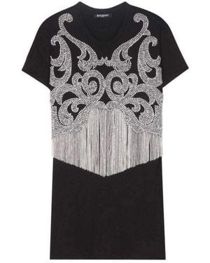 Balmain Crystal And Beads Fringe Cotton Shirt - Black