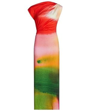 Oscar de la Renta Watercolour Print Draped Jersey Midi Dress - Red