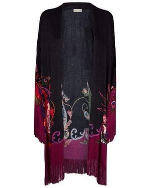Etro Fringe Jacquard Floral Cardigan Jacket - Red
