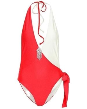 Gucci Embellished Colorblocked White & Red Swimsuit