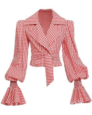 Balmain Balloon-sleeve Gingham Blouse - Red
