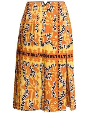 Valentino Pleated Logo Print Silk Midi Skirt - Orange