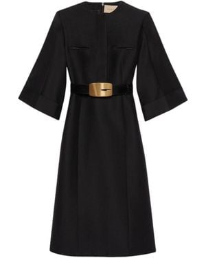 Gucci Soft Wool Silk Midi Dress With Leather G Belt - Black