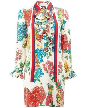 Gucci Floral Print Ruffle Trim Shirt Dress - Multicolor